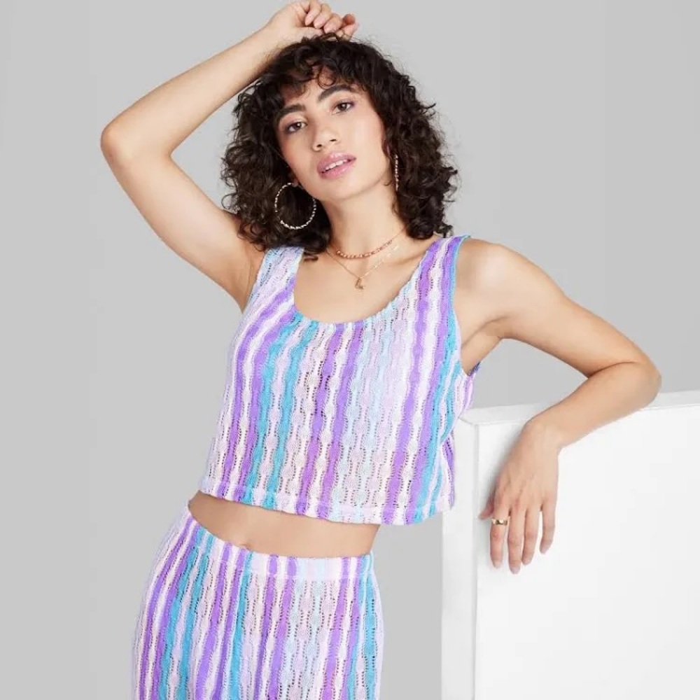 Wild Fable Crochet open knit striped tank top blue purple size large